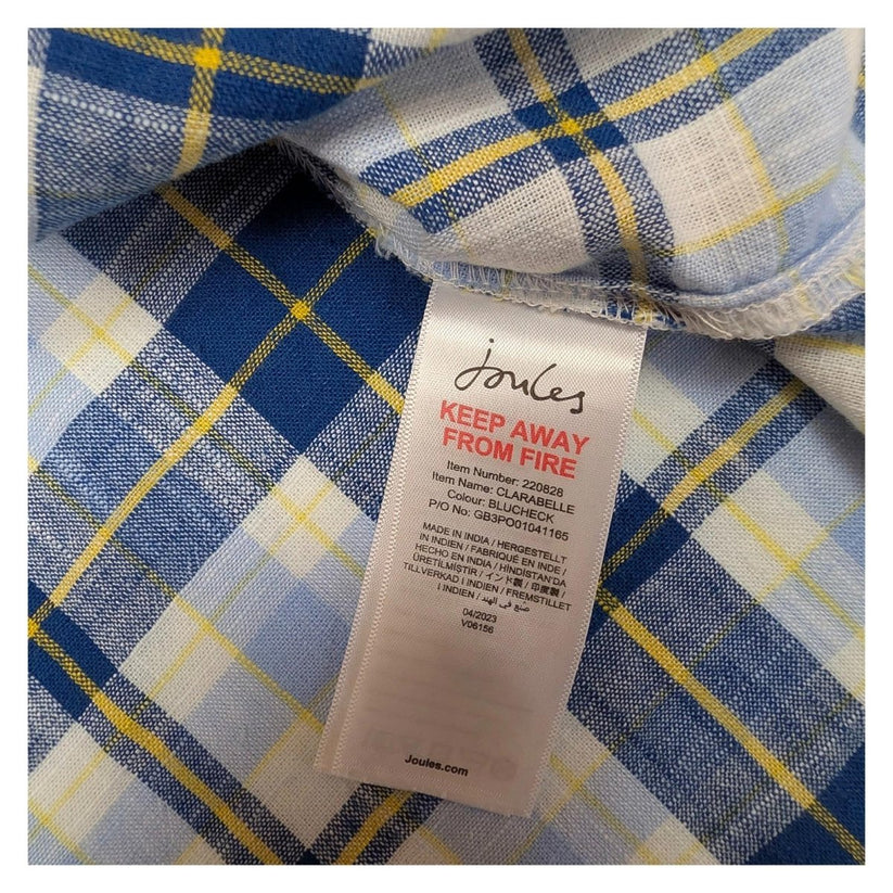 Joules Clarabelle Check Blouse Size UK 16 US 12 Blue Yellow Ruffle Puff Sleeve T by Joules – | RewearableUK