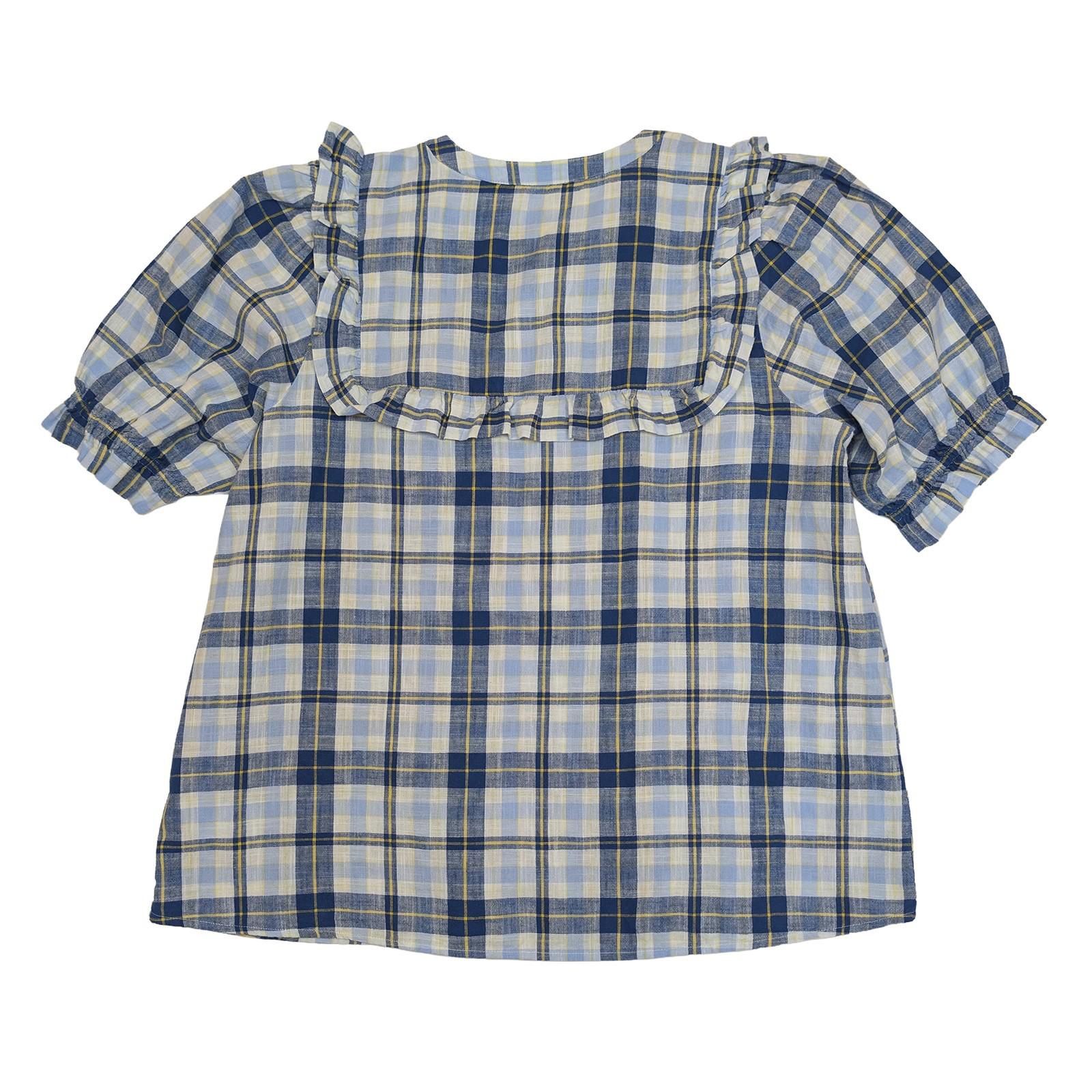 Joules Clarabelle Check Blouse Size UK 16 US 12 Blue Yellow Ruffle Puff Sleeve T by Joules – | RewearableUK