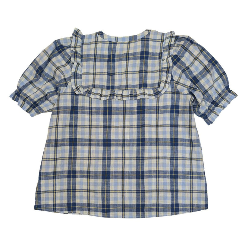 Joules Clarabelle Check Blouse Size UK 16 US 12 Blue Yellow Ruffle Puff Sleeve T by Joules – | RewearableUK