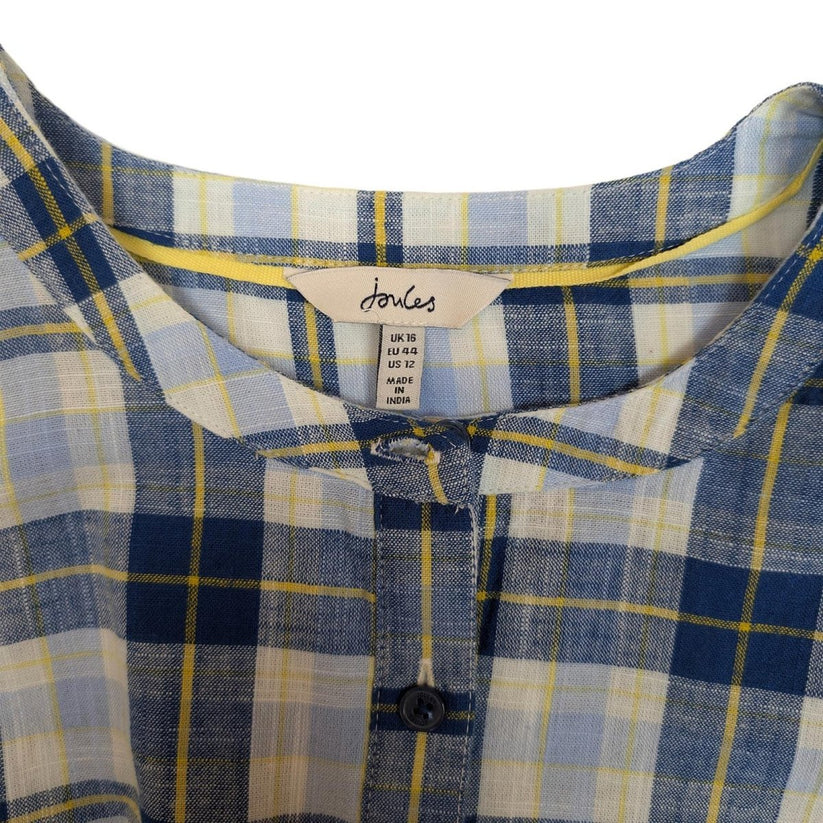 Joules Clarabelle Check Blouse Size UK 16 US 12 Blue Yellow Ruffle Puff Sleeve T by Joules – | RewearableUK