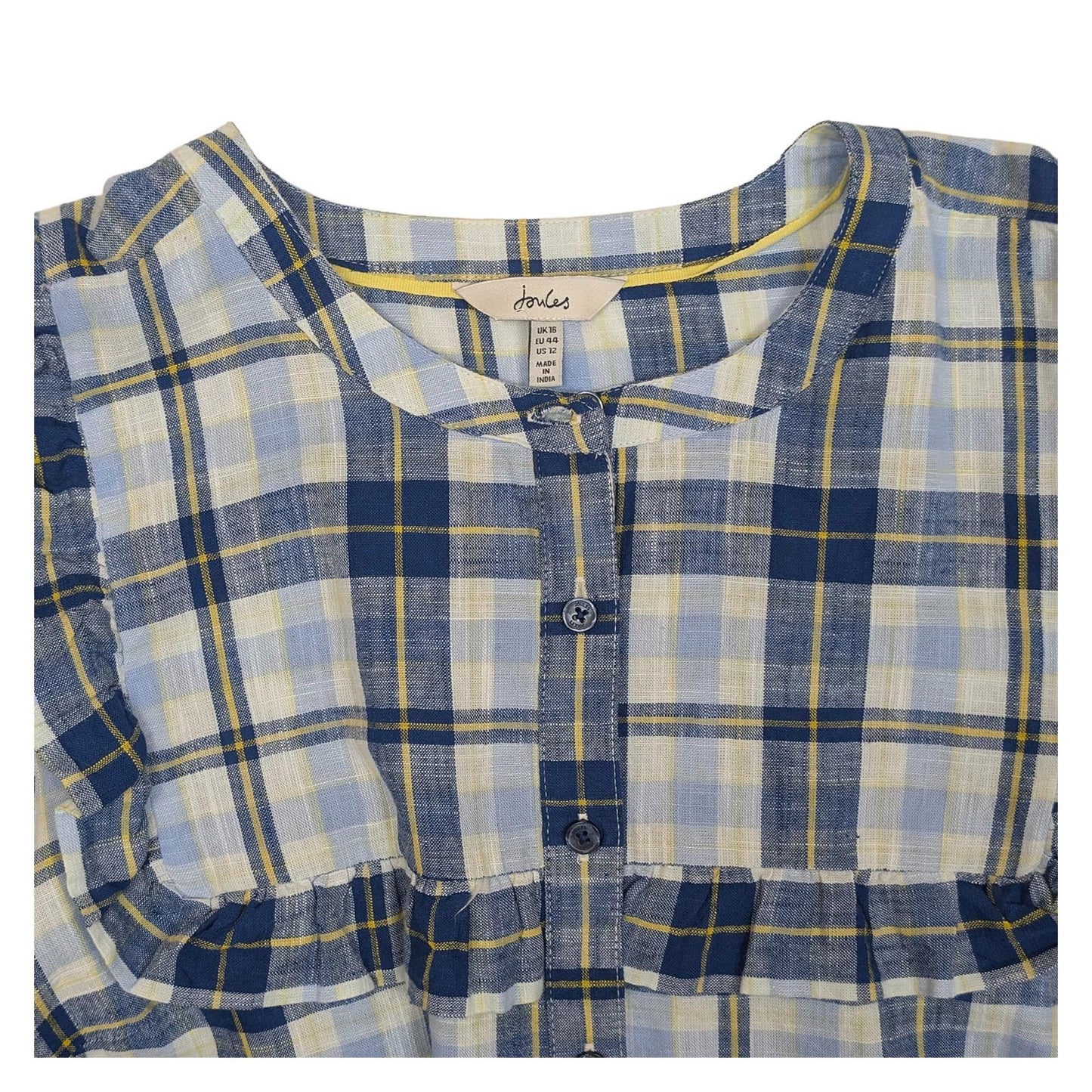 Joules Clarabelle Check Blouse Size UK 16 US 12 Blue Yellow Ruffle Puff Sleeve T by Joules – | RewearableUK