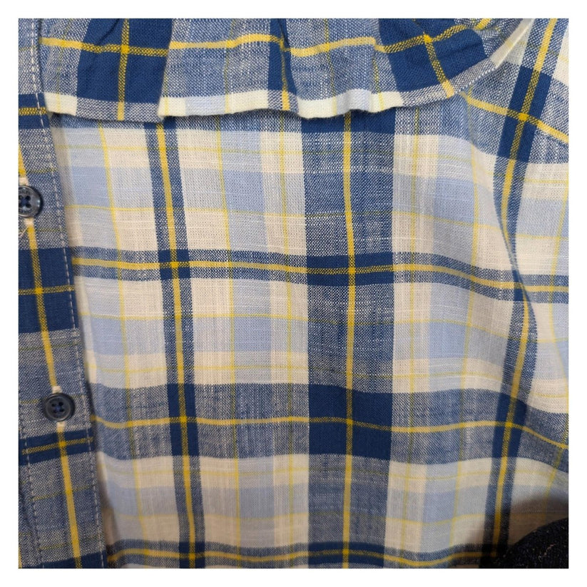 Joules Clarabelle Check Blouse Size UK 16 US 12 Blue Yellow Ruffle Puff Sleeve T by Joules – | RewearableUK