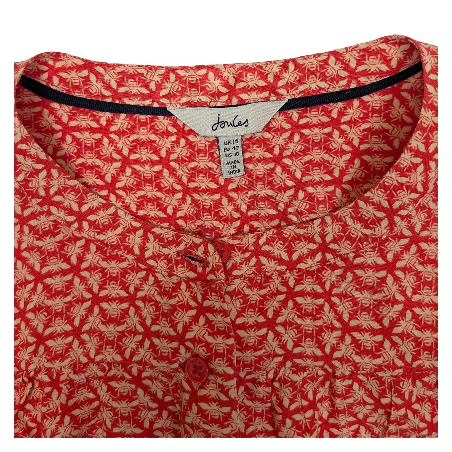 Joules Georgia Top Size UK 14 Red Bee Print Viscose Long Sleeve Collarless Blous by Joules – | RewearableUK