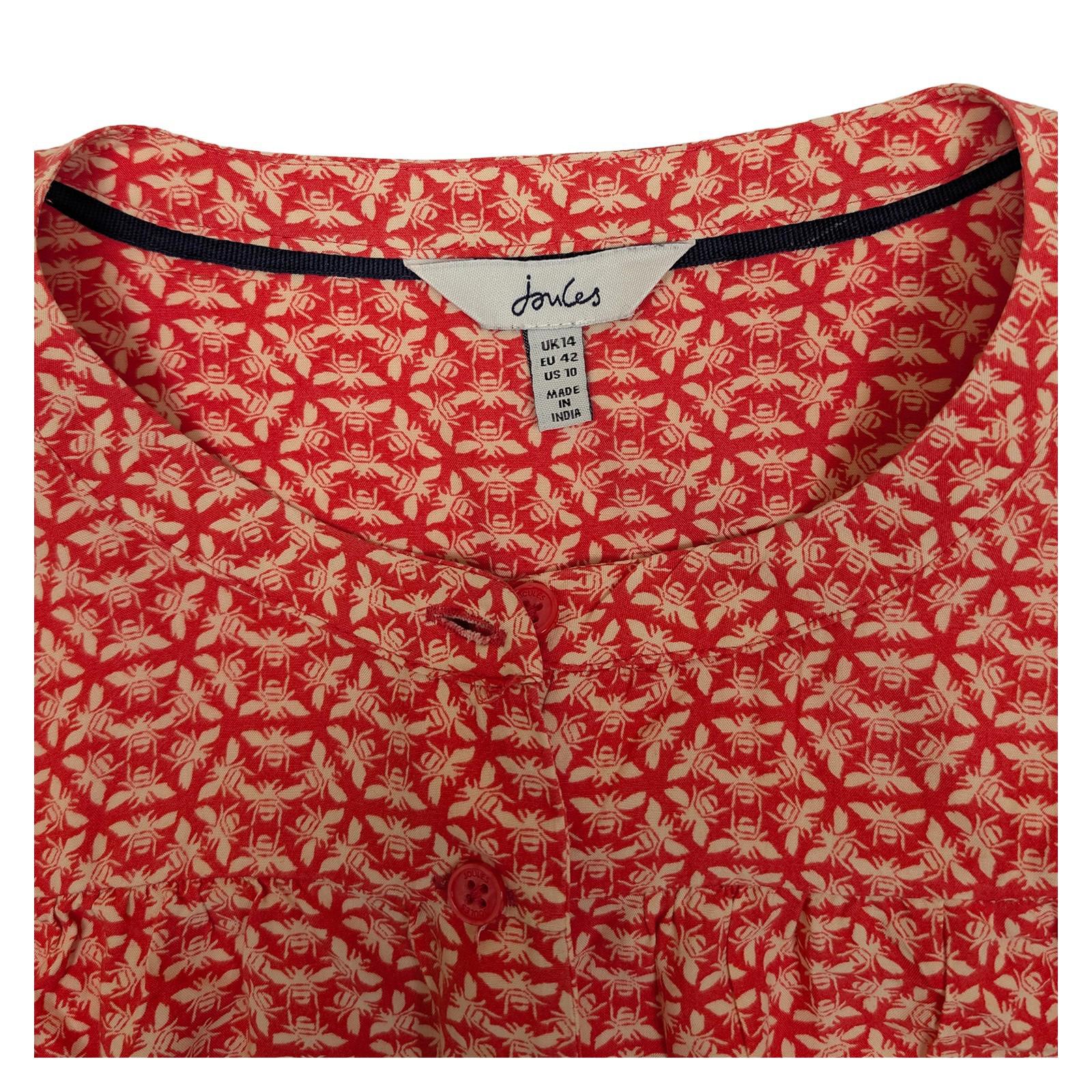 Joules Georgia Top Size UK 14 Red Bee Print Viscose Long Sleeve Collarless Blous by Joules – | RewearableUK