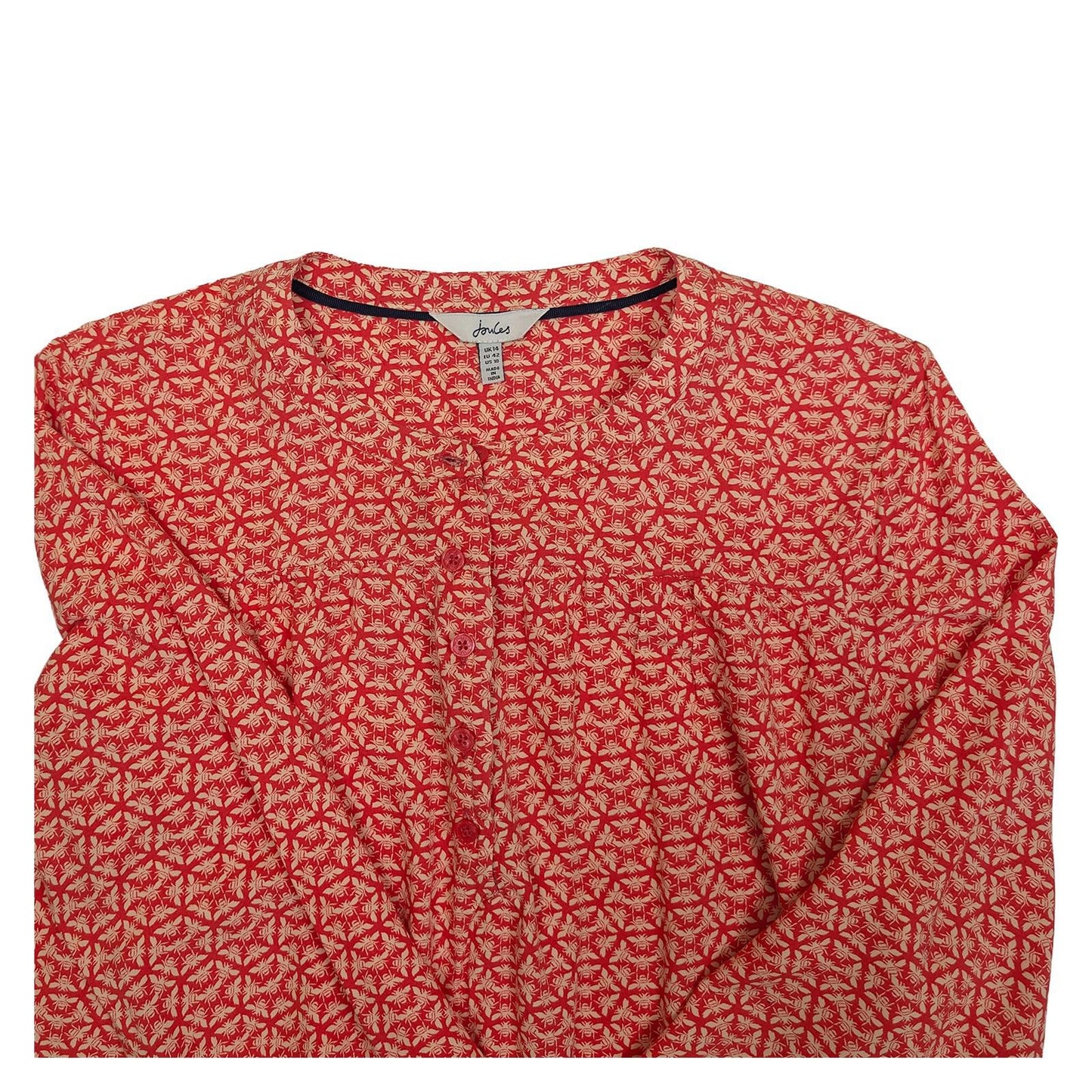 Joules Georgia Top Size UK 14 Red Bee Print Viscose Long Sleeve Collarless Blous by Joules – | RewearableUK