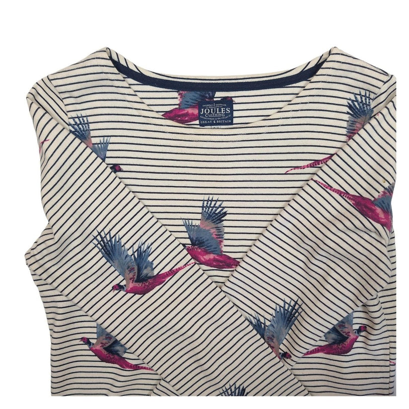 Joules Harbour Top Size UK 12 US 8 Pheasant Print Stripe Cotton Boat Neck Shirt by Joules – | RewearableUK