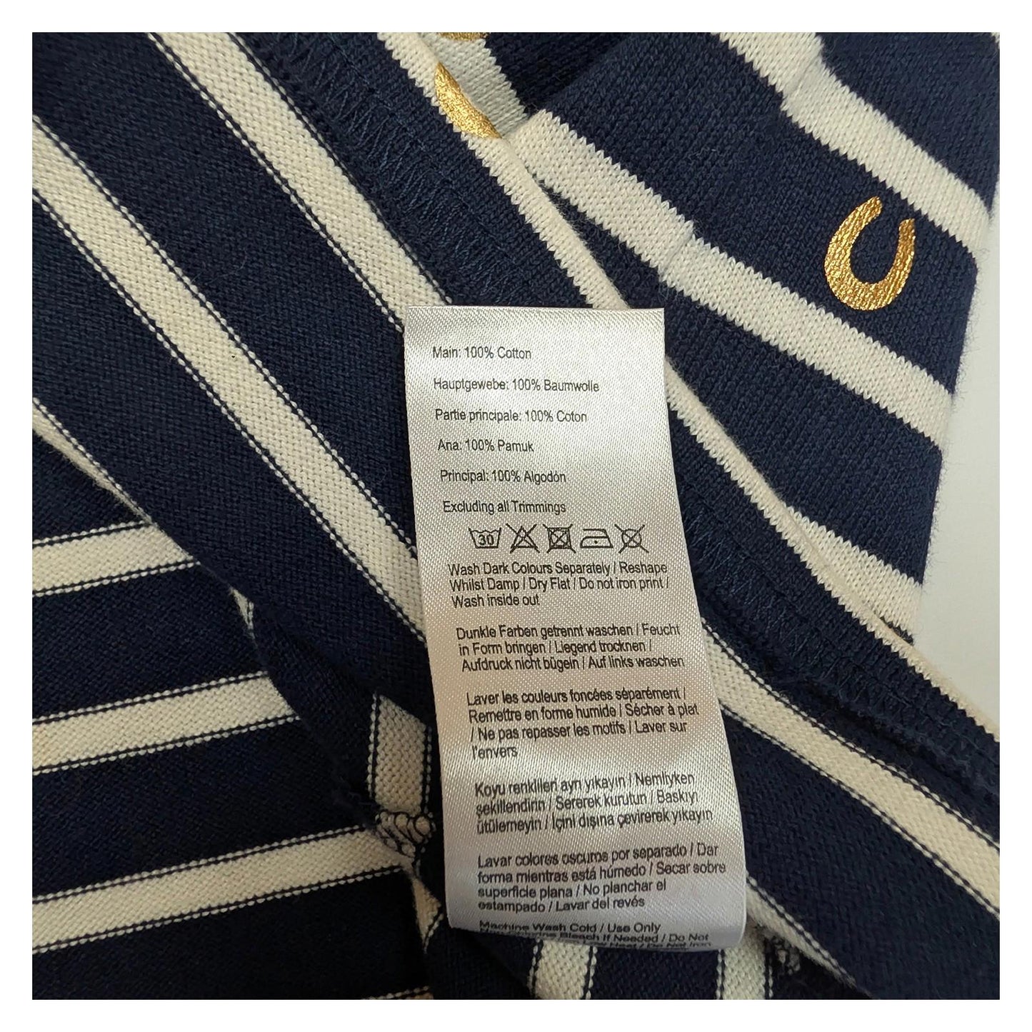 Joules Harbour Top Size UK 16 US 12 Navy White Stripe Gold Horseshoe Cotton Shir by Joules – | RewearableUK