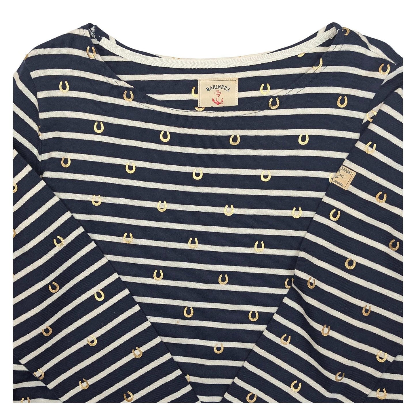 Joules Harbour Top Size UK 16 US 12 Navy White Stripe Gold Horseshoe Cotton Shir by Joules – | RewearableUK