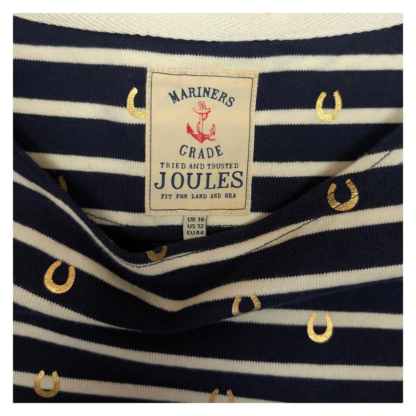Joules Harbour Top Size UK 16 US 12 Navy White Stripe Gold Horseshoe Cotton Shir by Joules – | RewearableUK