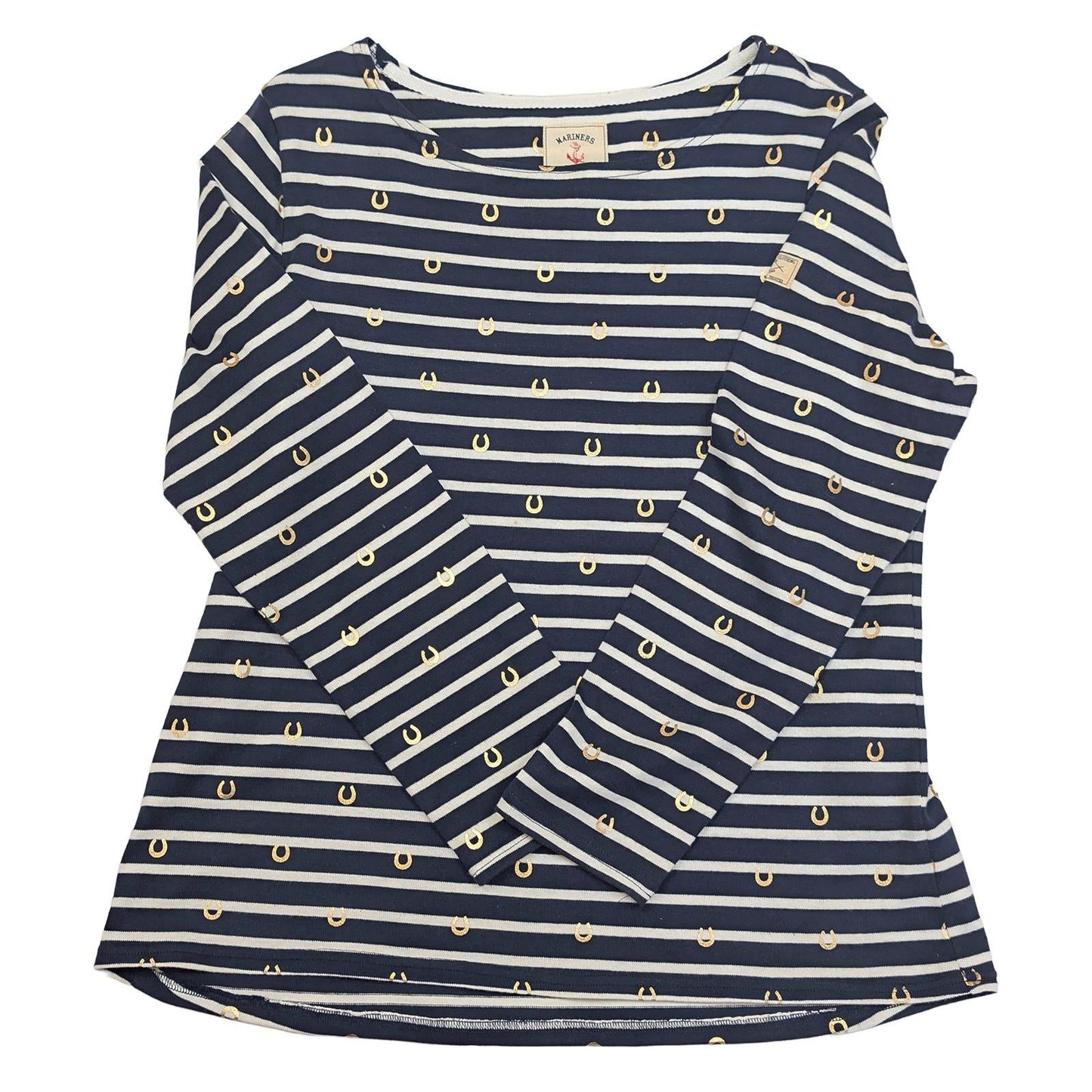Joules Harbour Top Size UK 16 US 12 Navy White Stripe Gold Horseshoe Cotton Shir by Joules – | RewearableUK