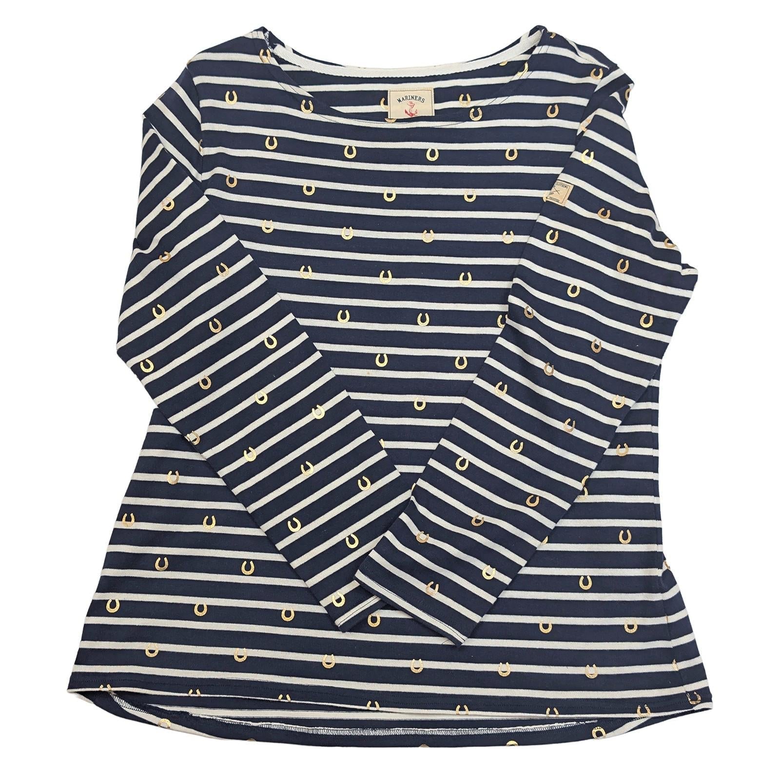 Joules Harbour Top Size UK 16 US 12 Navy White Stripe Gold Horseshoe Cotton Shir by Joules – | RewearableUK