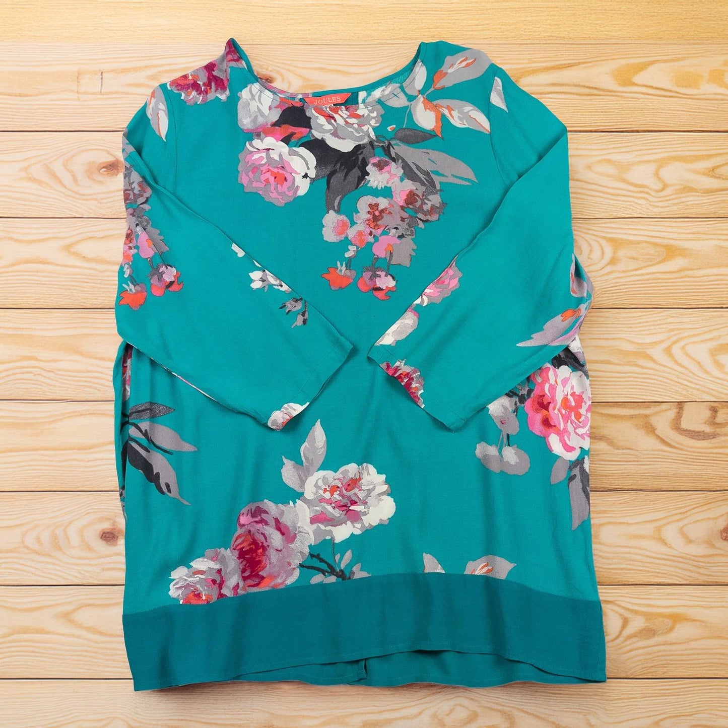 Joules Leah Teal Floral Top Size UK 16 Viscose 3/4 Sleeve Scoop Neck Panel Back by Joules – | RewearableUK