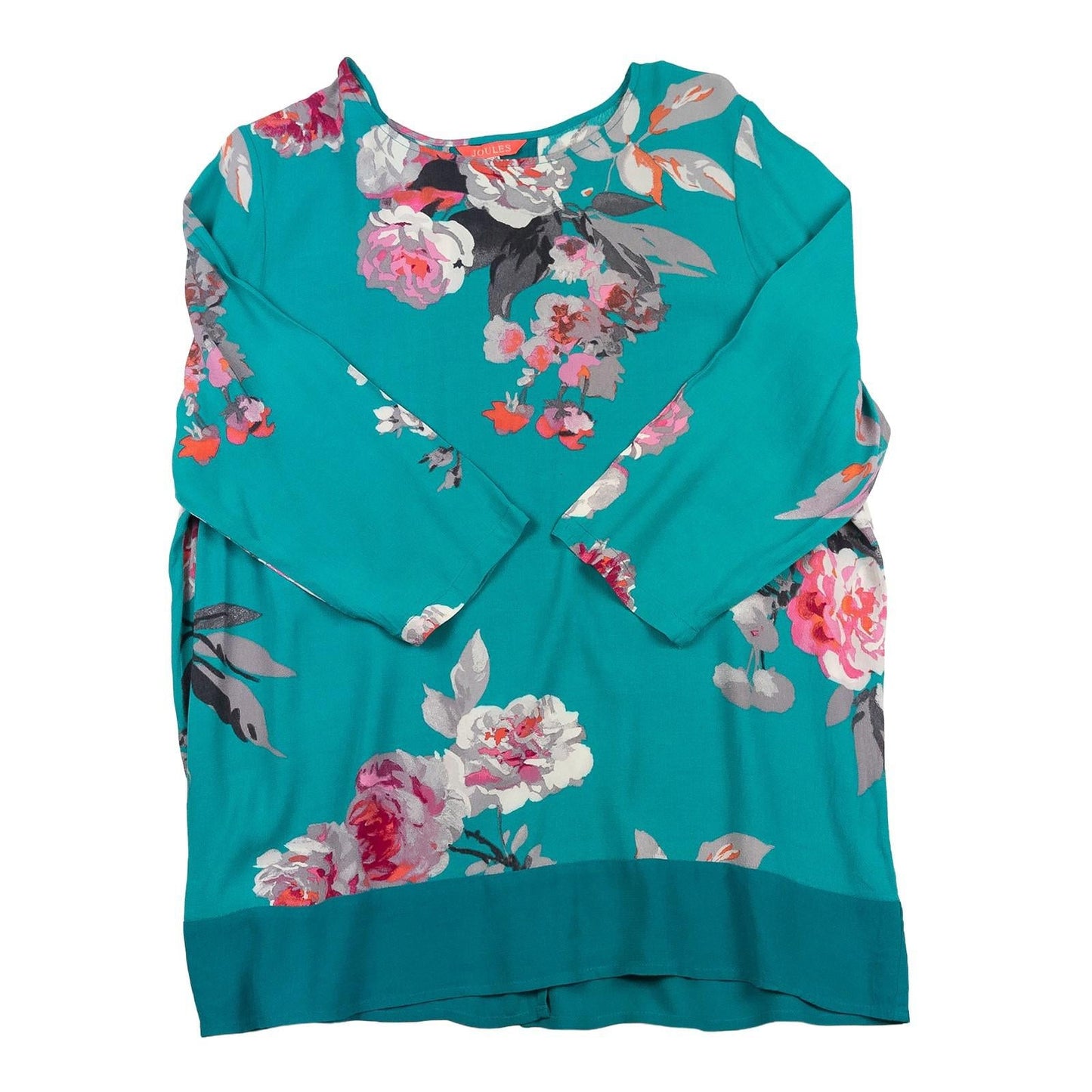 Joules Leah Teal Floral Top Size UK 16 Viscose 3/4 Sleeve Scoop Neck Panel Back by Joules – | RewearableUK