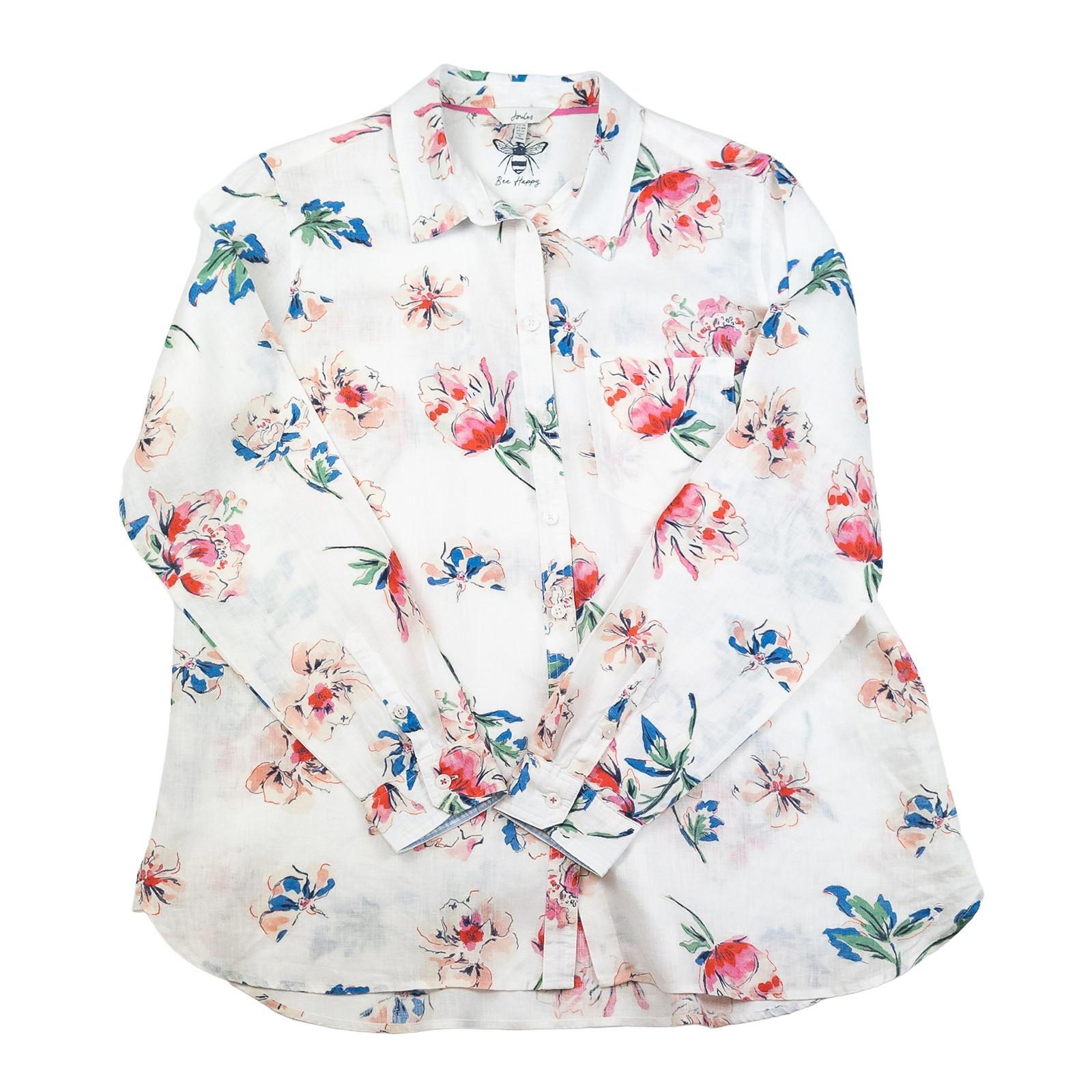 Joules Woman White Linen Shirt Size UK 16 Lorena Floral Print Long Sleeve Button by Joules – | RewearableUK