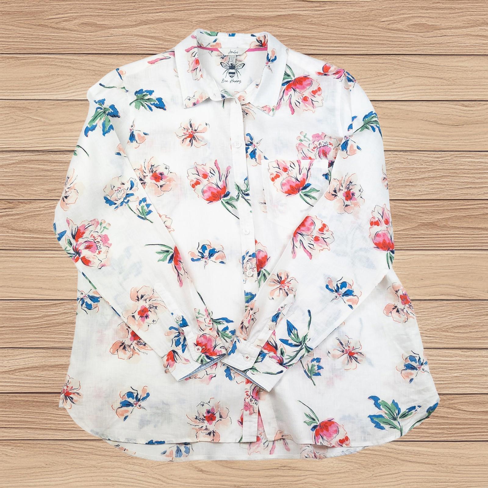 Joules Woman White Linen Shirt Size UK 16 Lorena Floral Print Long Sleeve Button by Joules – | RewearableUK