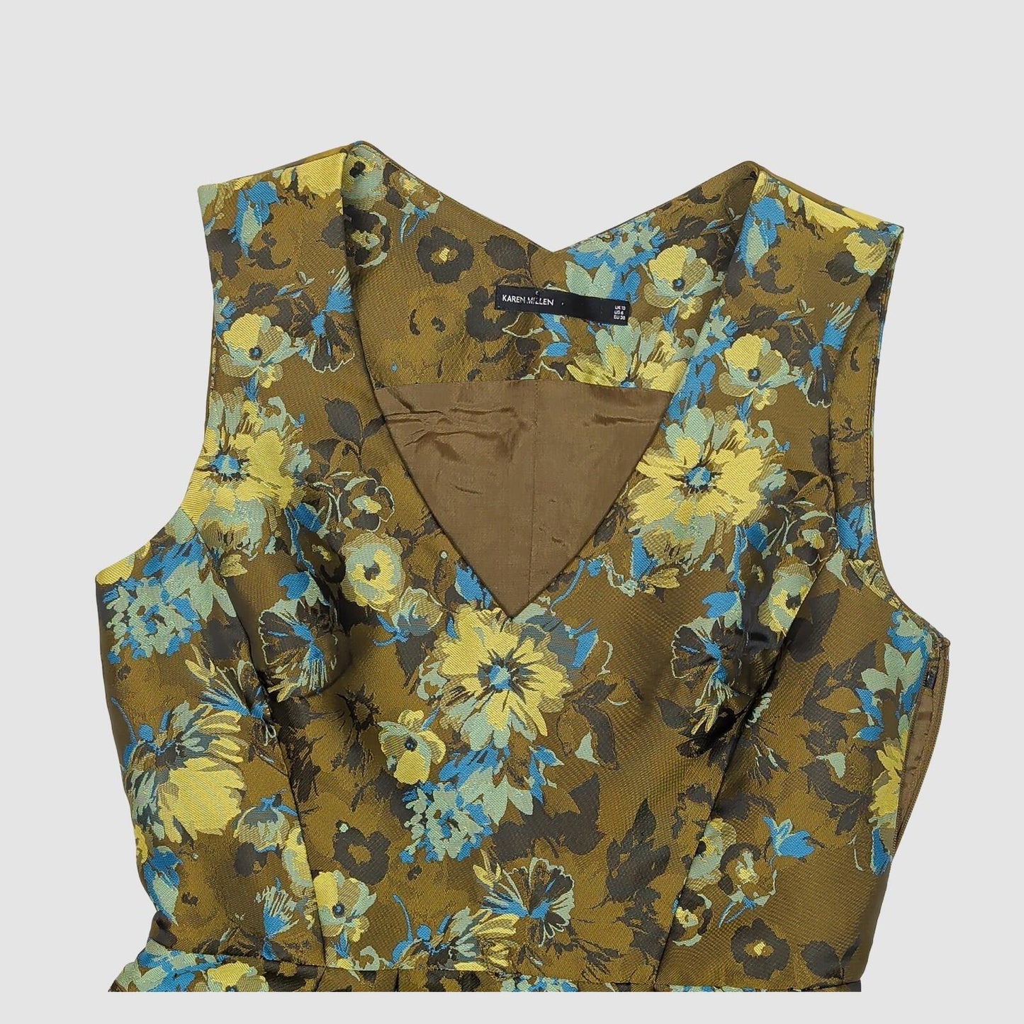 Karen Millen Floral Dress UK 10 Brown Blue Jacquard V Neck Zip Fault by Karen Millen – DRESSING | RewearableUK