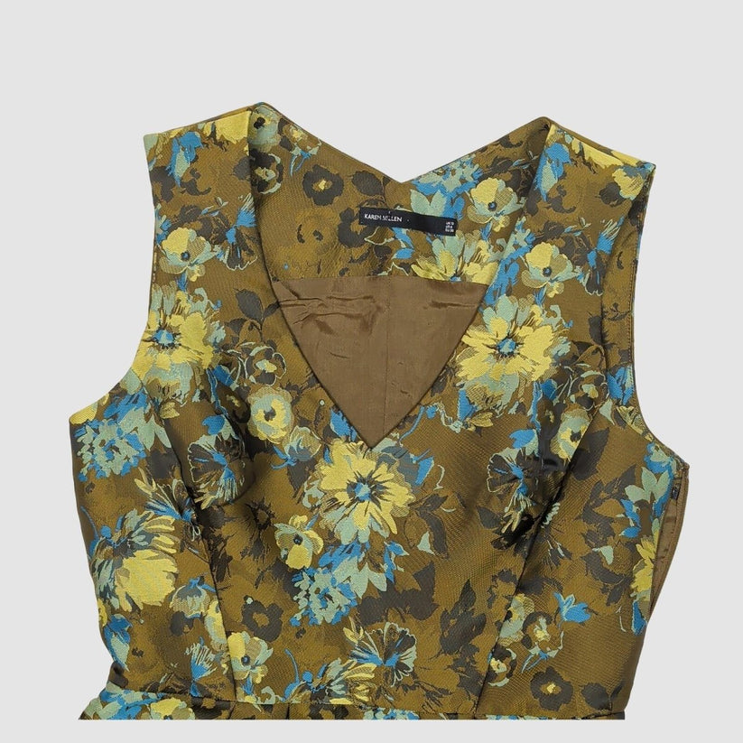 Karen Millen Floral Dress UK 10 Brown Blue Jacquard V Neck Zip Fault by Karen Millen – DRESSING | RewearableUK