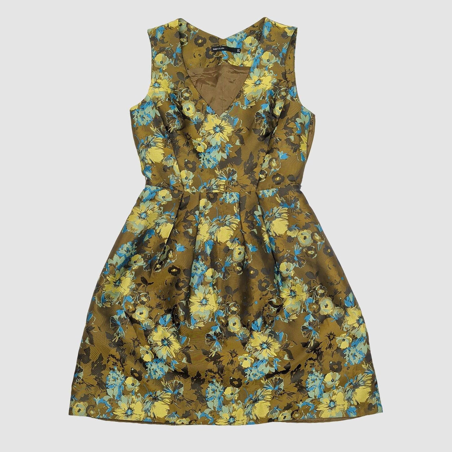 Karen Millen Floral Dress UK 10 Brown Blue Jacquard V Neck Zip Fault by Karen Millen – DRESSING | RewearableUK