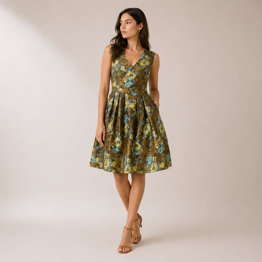 Karen Millen Floral Dress UK 10 Brown Blue Jacquard V Neck Zip Fault by Karen Millen – DRESSING | RewearableUK