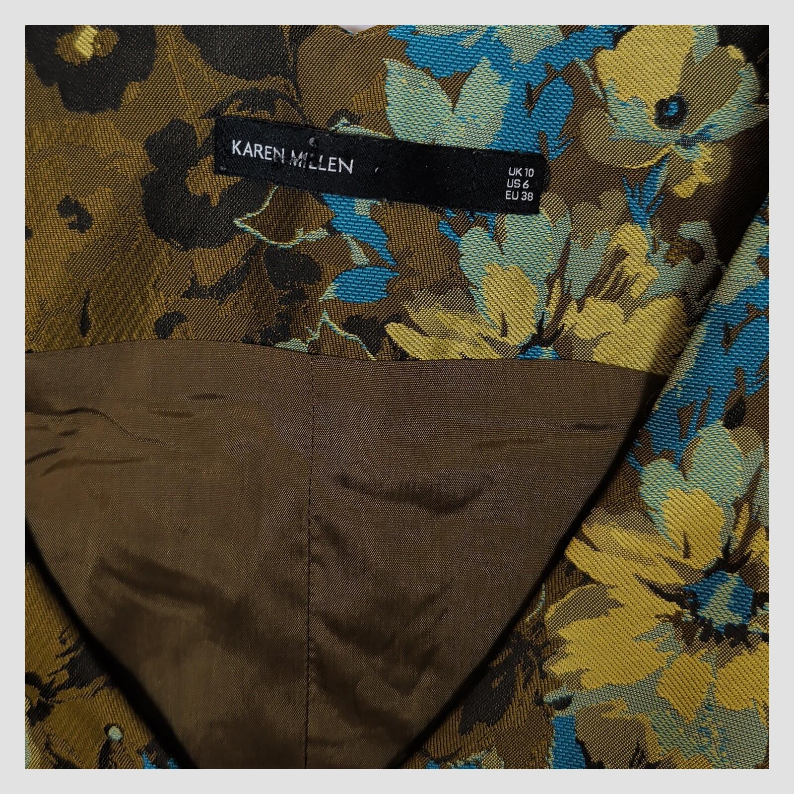 Karen Millen Floral Dress UK 10 Brown Blue Jacquard V Neck Zip Fault by Karen Millen – DRESSING | RewearableUK
