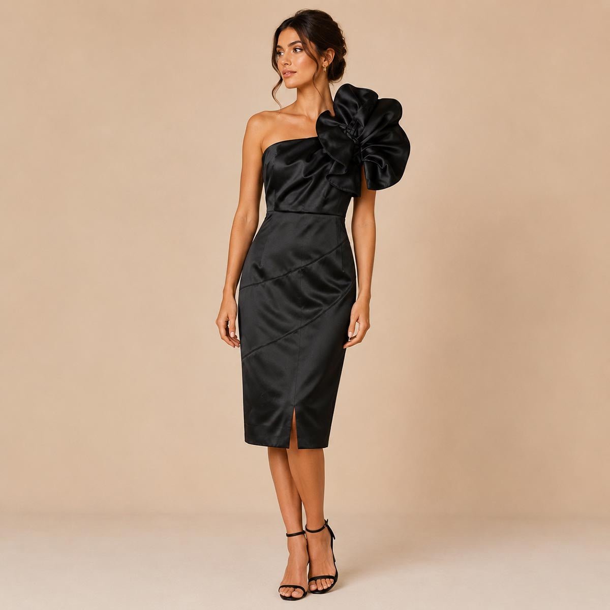 Karen Millen One Shoulder Bodycon Dress UK 12 Black Satin Ruffle by Karen Millen – DRESSING | RewearableUK