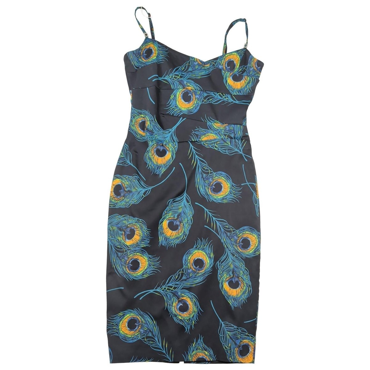 Karen Millen Peacock Feather Dress UK 10 Black Satin Cocktail NWOT by Karen Millen – | RewearableUK