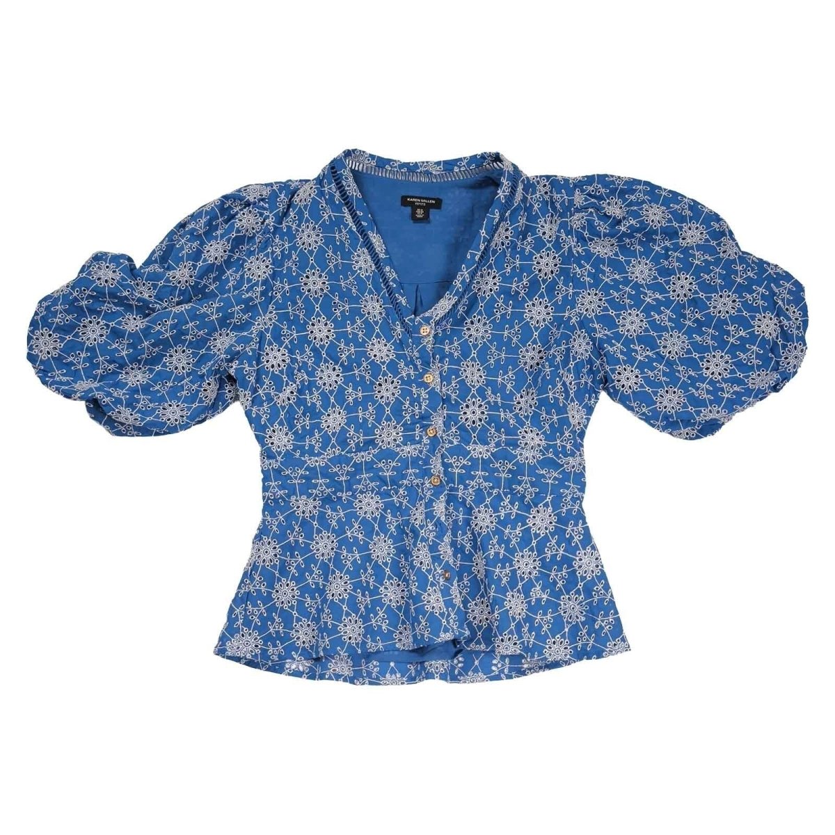 Karen Millen Petite Blue Broderie Blouse UK 12 Cotton Puff Sleeve Peplum – product photo 1 | RewearableUK