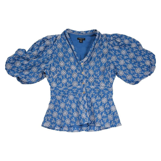 Karen Millen Petite Blue Broderie Blouse UK 12 Cotton Puff Sleeve Peplum – product photo 1 | RewearableUK