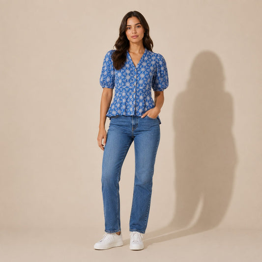 Karen Millen Petite Broderie Blouse UK 12 Blue Cotton – Top product photo 1 | RewearableUK