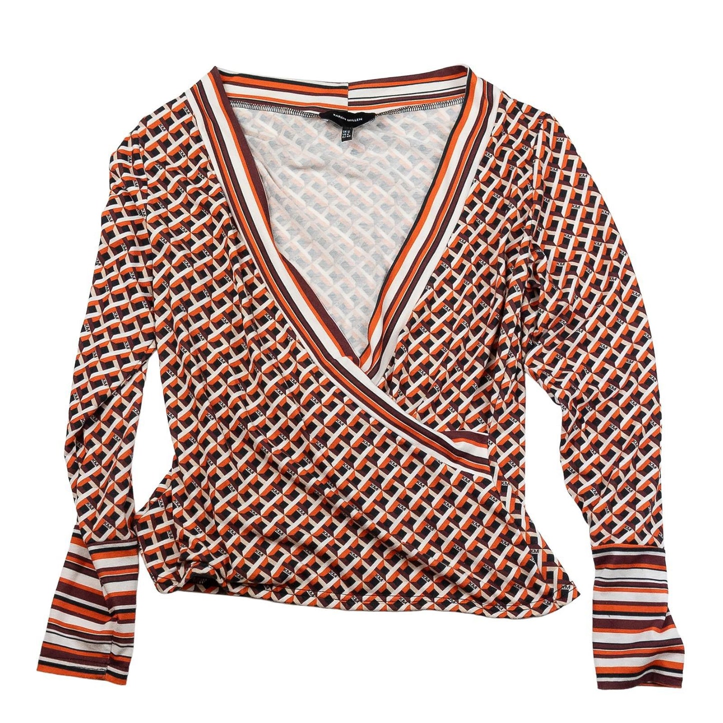 Karen Millen Woman Geo Print Wrap Top Size UK 12 Orange Abstract Long Sleeve Jer by Karen Millen – | RewearableUK