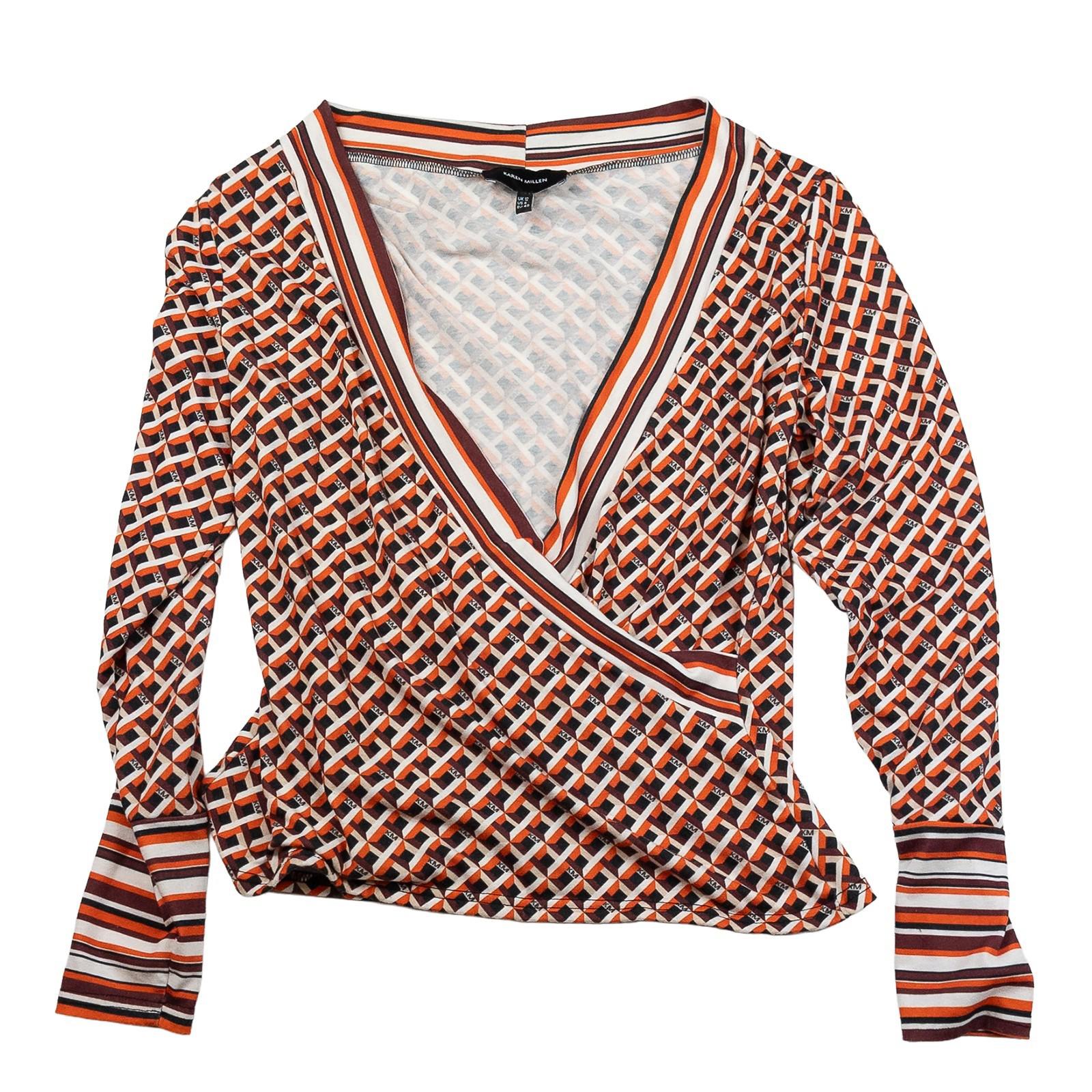Karen Millen Woman Geo Print Wrap Top Size UK 12 Orange Abstract Long Sleeve Jer by Karen Millen – | RewearableUK