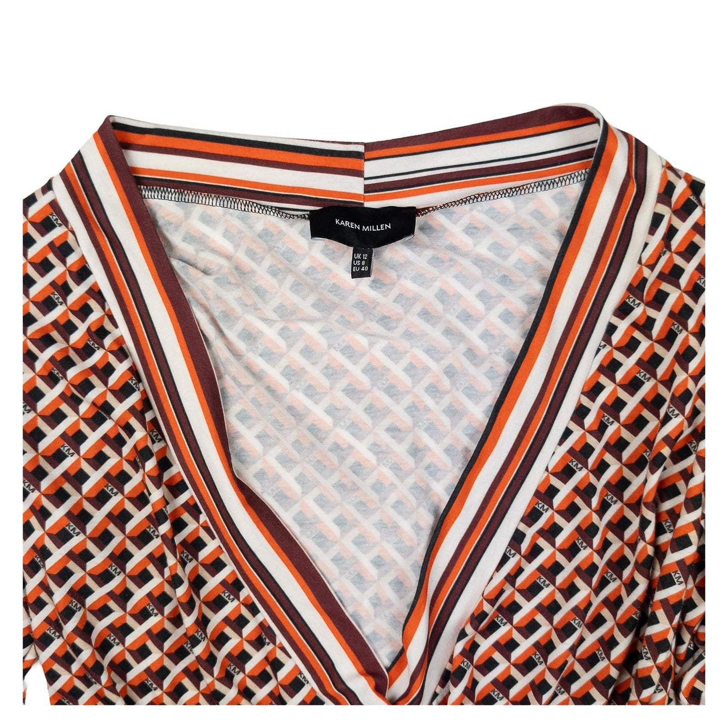 Karen Millen Woman Geo Print Wrap Top Size UK 12 Orange Abstract Long Sleeve Jer by Karen Millen – | RewearableUK