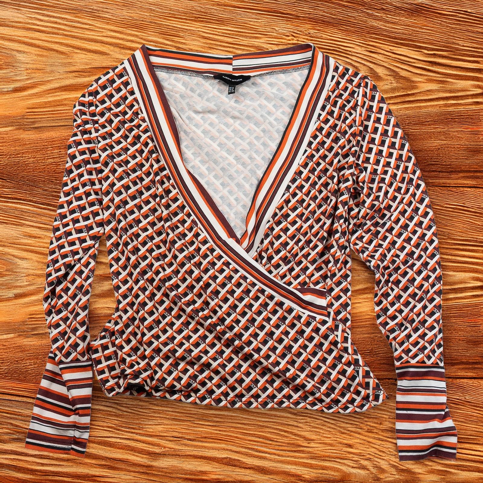 Karen Millen Woman Geo Print Wrap Top Size UK 12 Orange Abstract Long Sleeve Jer by Karen Millen – | RewearableUK