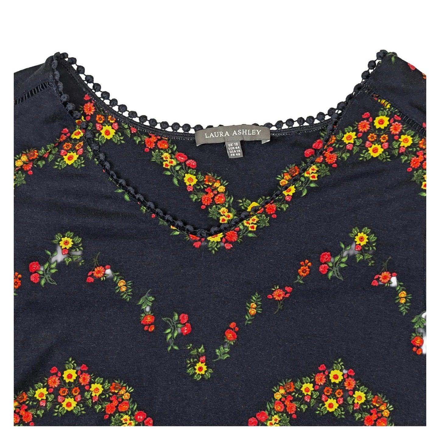 Laura Ashley Navy Floral Chevron Top Size UK 18 Viscose Boho Ruffle Sleeve Blous by Laura Ashley – | RewearableUK