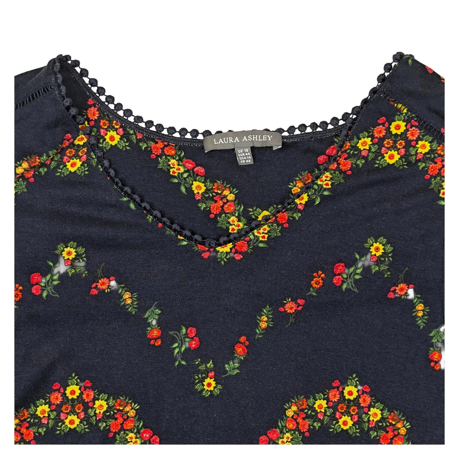 Laura Ashley Navy Floral Chevron Top Size UK 18 Viscose Boho Ruffle Sleeve Blous by Laura Ashley – | RewearableUK