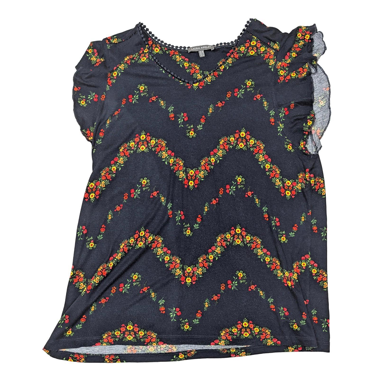 Laura Ashley Navy Floral Chevron Top Size UK 18 Viscose Boho Ruffle Sleeve Blous by Laura Ashley – | RewearableUK