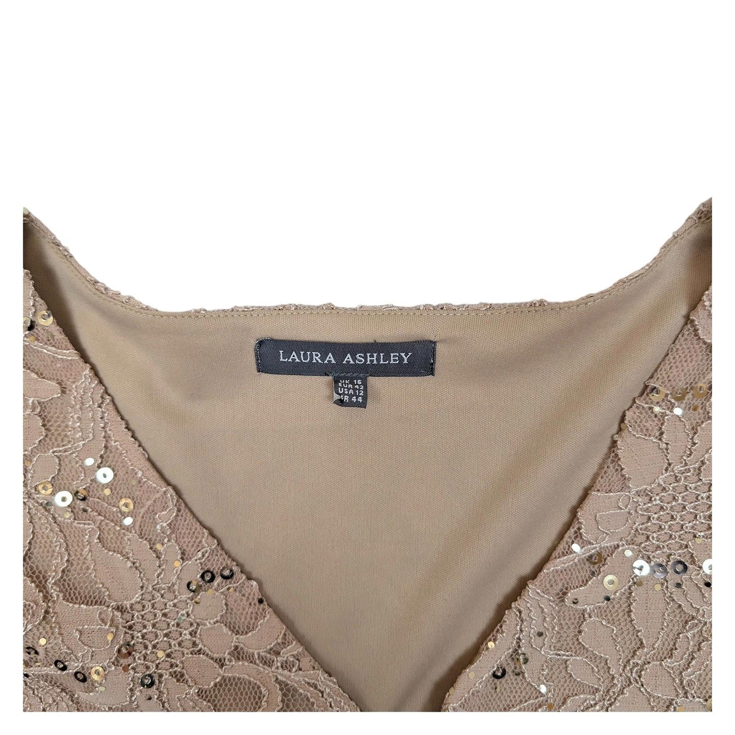 Laura Ashley Sequin Lace Top UK 16 Beige Gold Wrap V - Neck 3/4 Sleeve Blouse by Laura Ashley – | RewearableUK