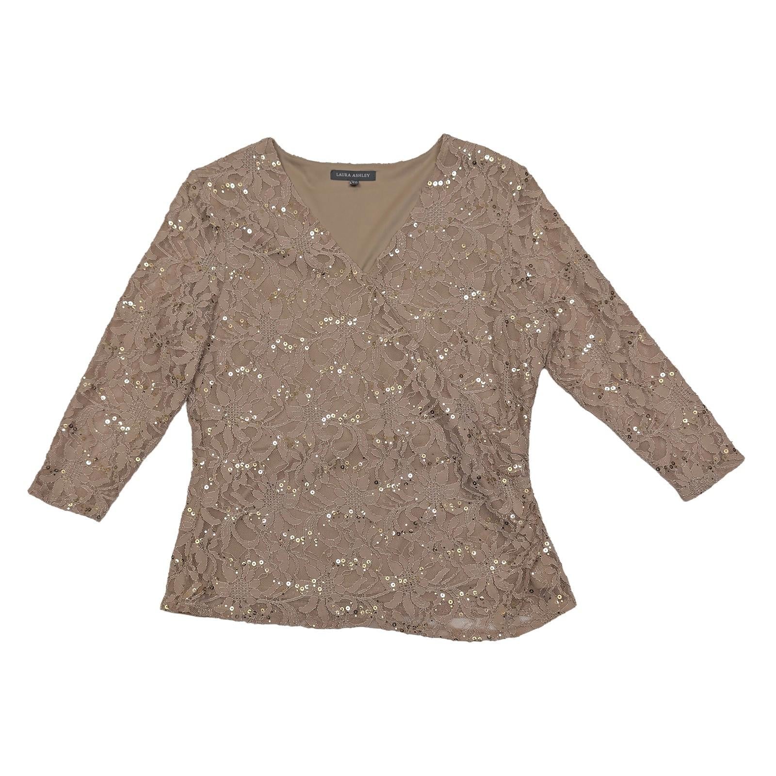 Laura Ashley Sequin Lace Top UK 16 Beige Gold Wrap V - Neck 3/4 Sleeve Blouse by Laura Ashley – | RewearableUK