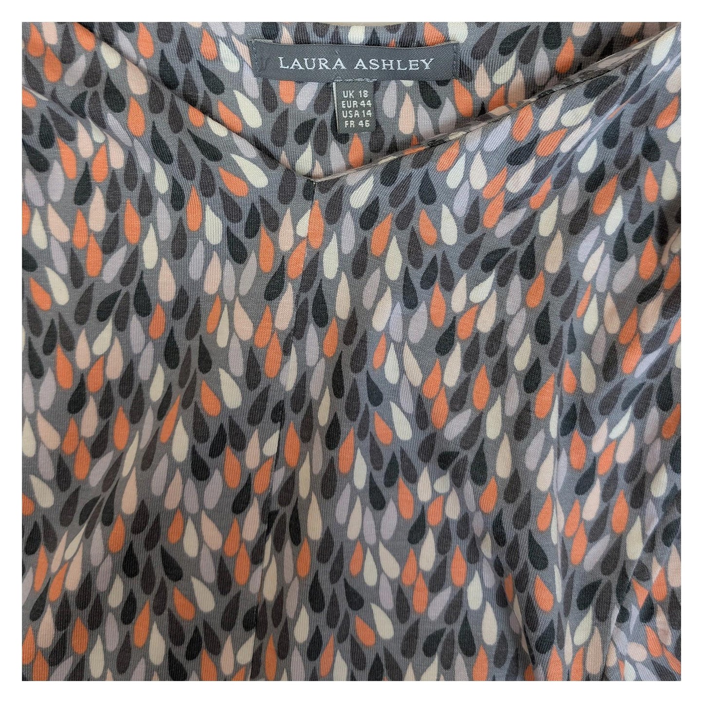 Laura Ashley Top Size UK 18 Grey Orange Raindrop Print Ruched Jersey Short Sleev by Laura Ashley – | RewearableUK