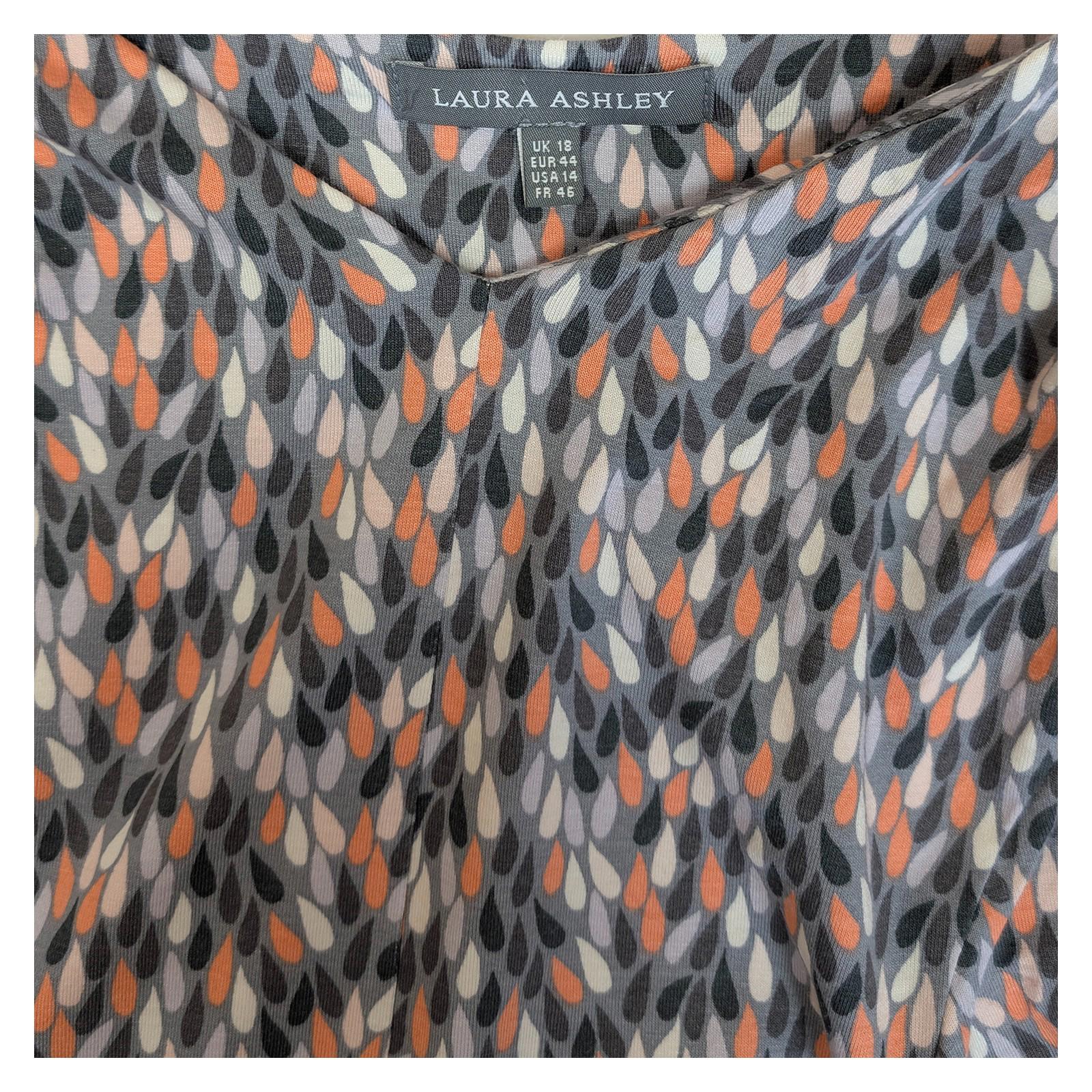 Laura Ashley Top Size UK 18 Grey Orange Raindrop Print Ruched Jersey Short Sleev by Laura Ashley – | RewearableUK