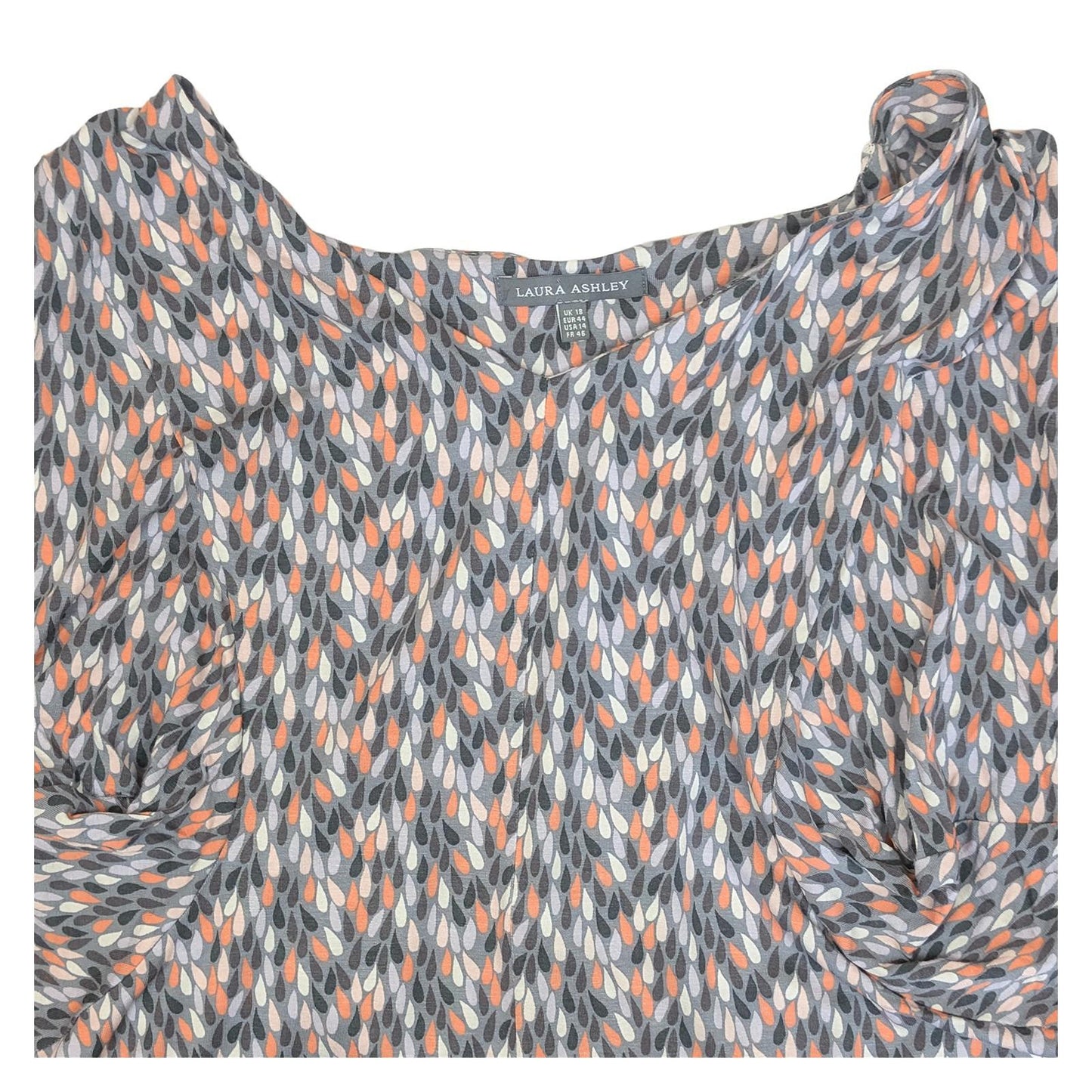Laura Ashley Top Size UK 18 Grey Orange Raindrop Print Ruched Jersey Short Sleev by Laura Ashley – | RewearableUK