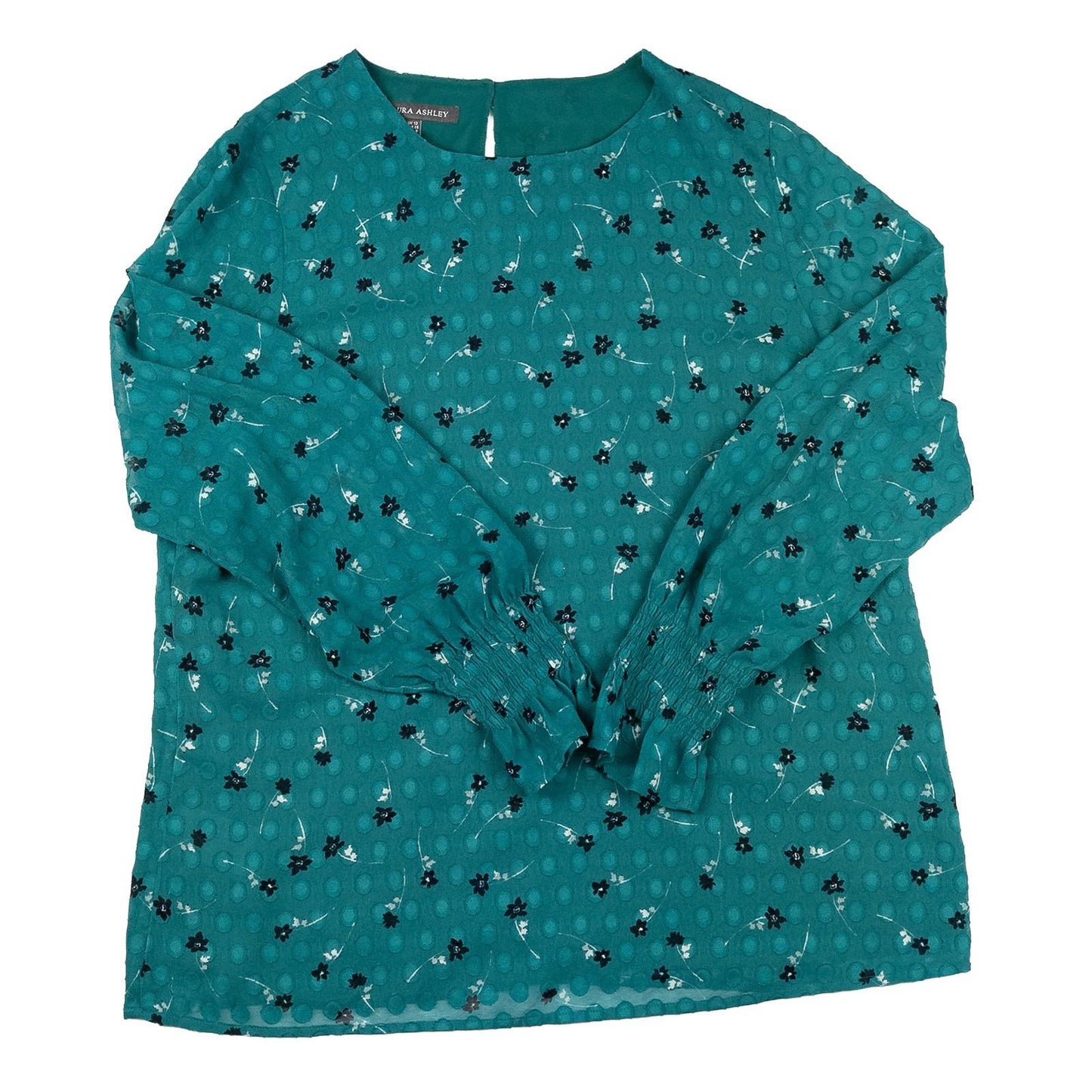 Laura Ashley Woman Green Dobby Blouse Size UK 12 Floral Shirred Cuff Long Sleeve by Laura Ashley – | RewearableUK