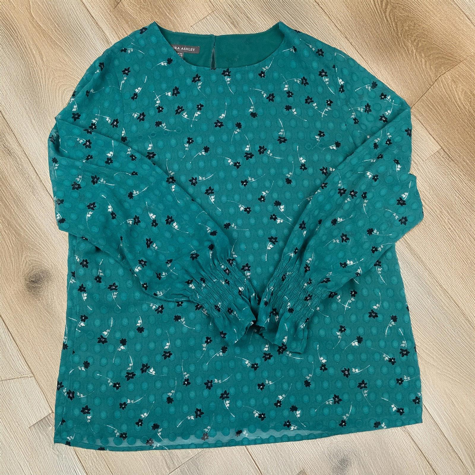 Laura Ashley Woman Green Dobby Blouse Size UK 12 Floral Shirred Cuff Long Sleeve by Laura Ashley – | RewearableUK
