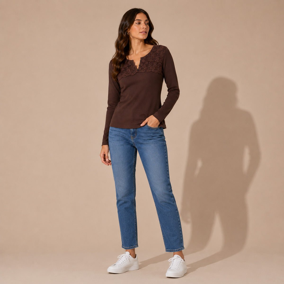Lauren Ralph Lauren Lace Henley Top XL UK 20-22 Brown – Top product photo 1 | RewearableUK
