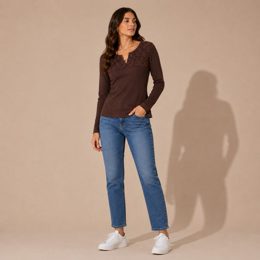 Lauren Ralph Lauren Lace Henley Top XL UK 20-22 Brown – Top product photo 1 | RewearableUK