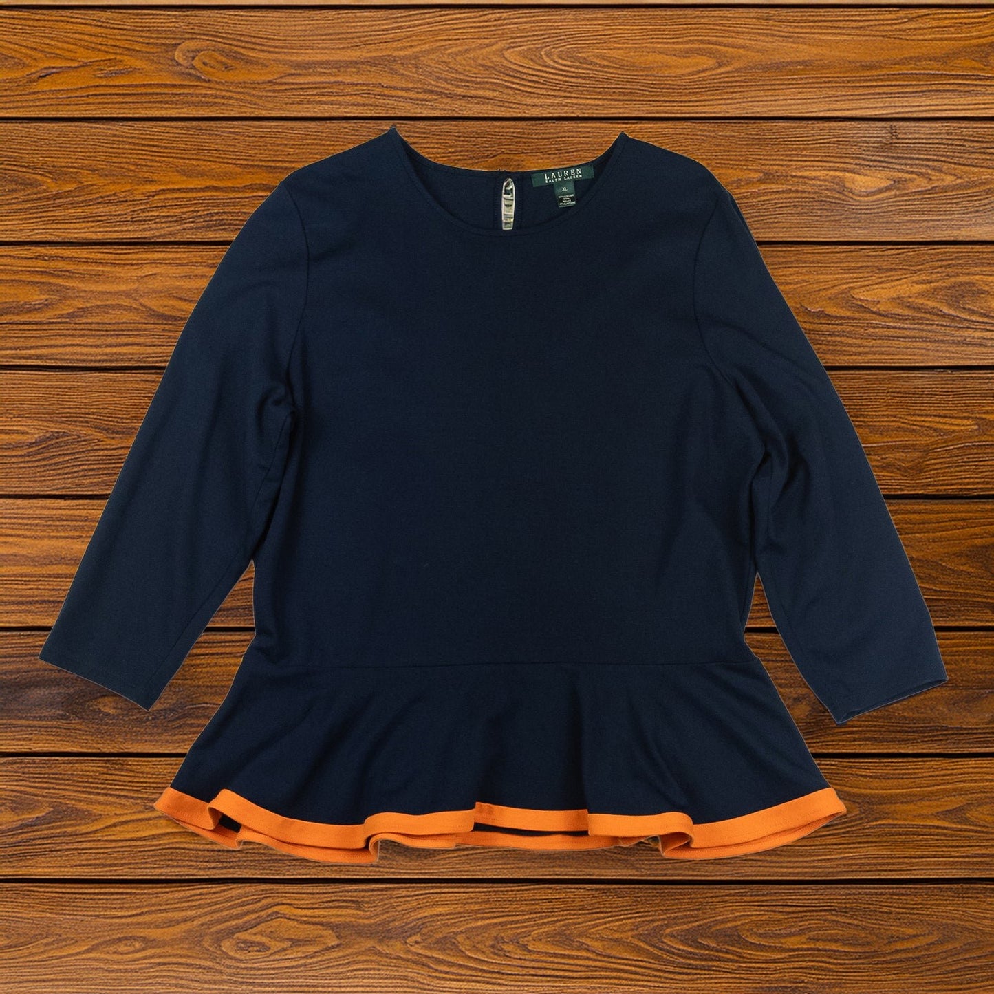 Lauren Ralph Lauren Navy Peplum Top Size XL Orange Trim 3/4 Sleeve Keyhole Back by Lauren Ralph Lauren – blouse | RewearableUK