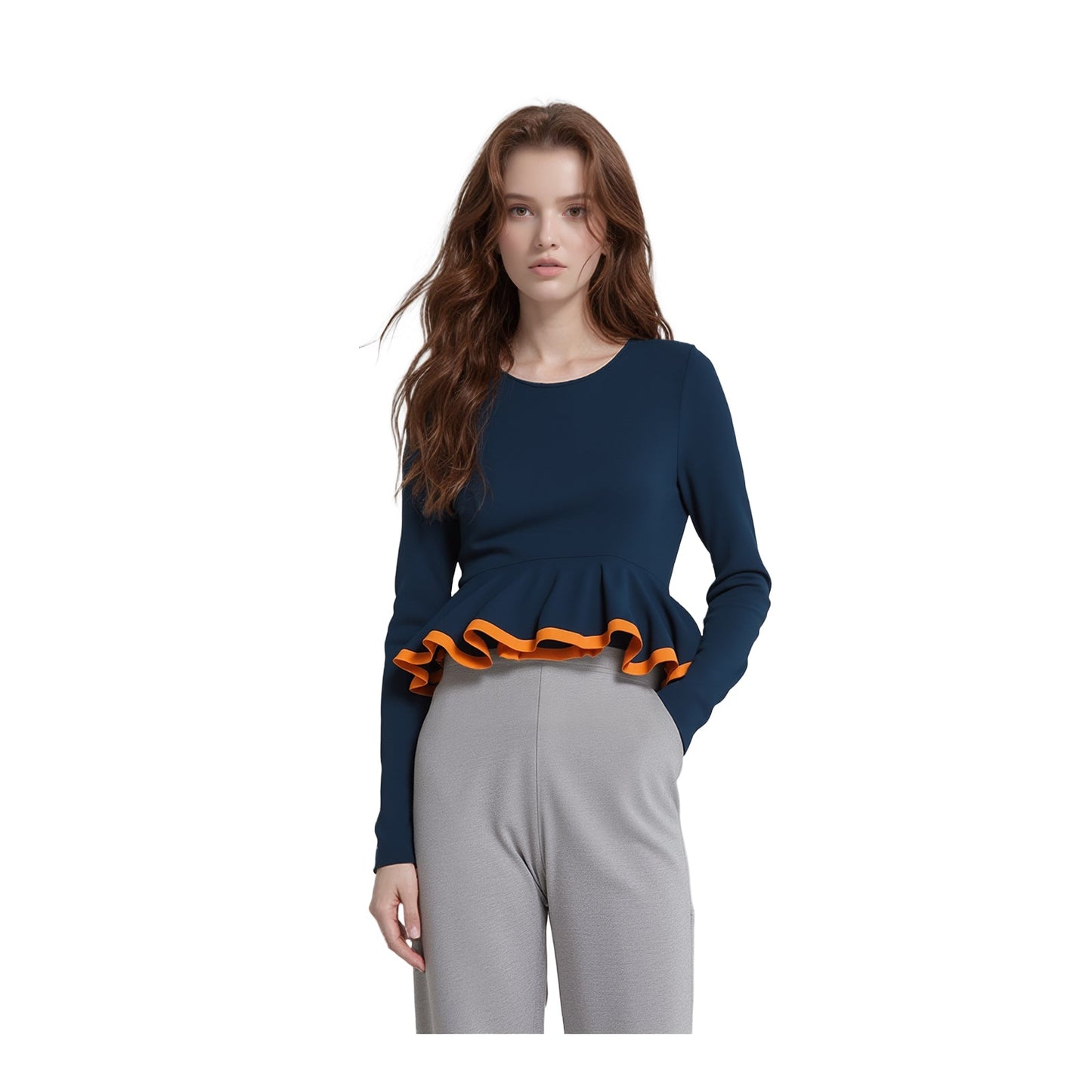 Lauren Ralph Lauren Navy Peplum Top Size XL Orange Trim 3/4 Sleeve Keyhole Back by Lauren Ralph Lauren – blouse | RewearableUK