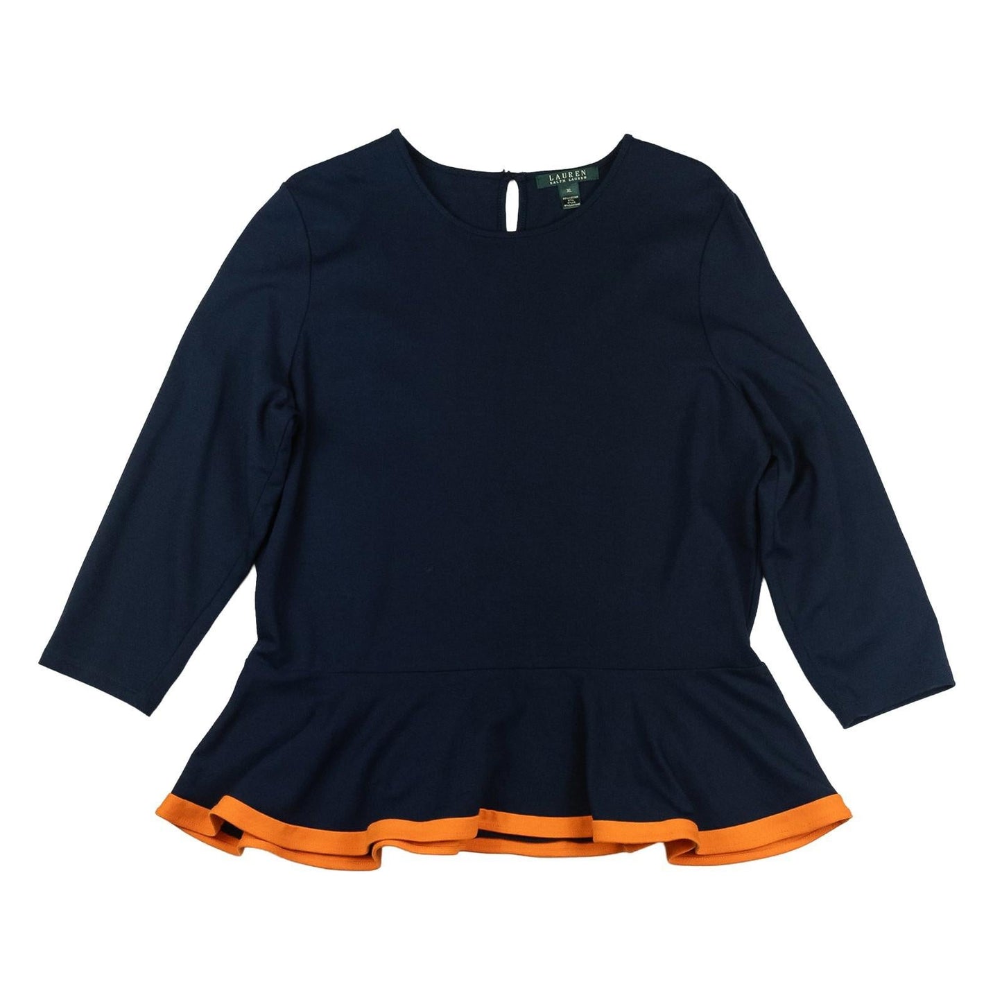 Lauren Ralph Lauren Navy Peplum Top Size XL Orange Trim 3/4 Sleeve Keyhole Back by Lauren Ralph Lauren – | RewearableUK