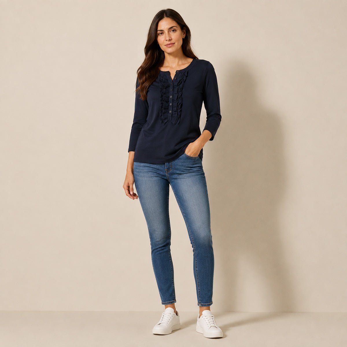 Lauren Ralph Lauren Navy Ruffle Jersey Top – Size M – Blouse product photo 1 | RewearableUK