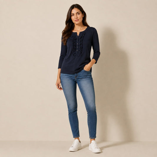 Lauren Ralph Lauren Navy Ruffle Jersey Top – Size M – Blouse product photo 1 | RewearableUK
